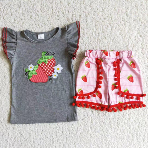SALE D8-27 Grey shirt with two strawberries and pink shorts with strawberries