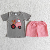 Grey shirt with tractor and chickens red Boy's shorts set