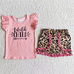 Pink sleeve with wild child letters leopard print shorts