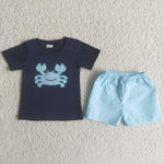 Black shirt with blue crab blue grid shorts
