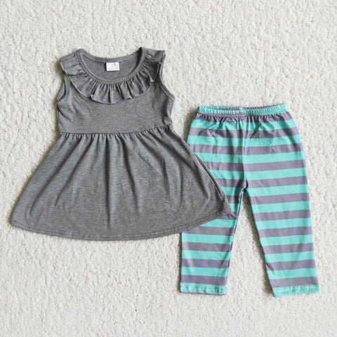 Girl's Grey Sleeveless Top Stripe Leggings Set