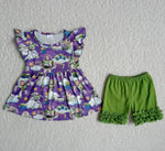 B18-2 Cartoon Purple Green Girl Shorts Set
