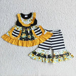 A6-15 Girl's Yellowe Sunflower Sleeveless With Pockets Black Stripe Set