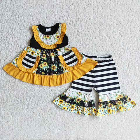 A6-15 Girl's Yellowe Sunflower Sleeveless With Pockets Black Stripe Set