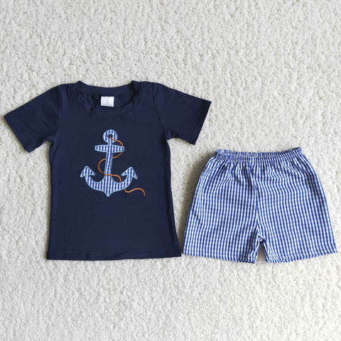 SALE D12-17 Black shirt with embroidery boat anchor blue grid shorts