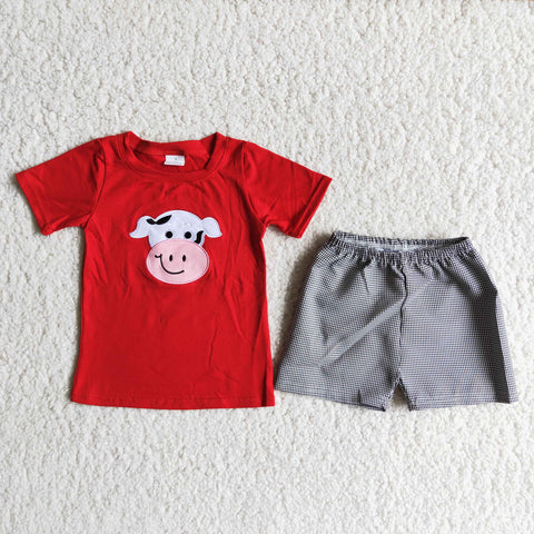 SALE D13-1 Red shirt with embroidery cow black grid shorts