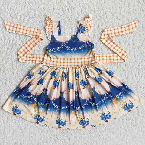 SALE D2-17 Boutique Flower Blue Pumpkin Girl's Dress