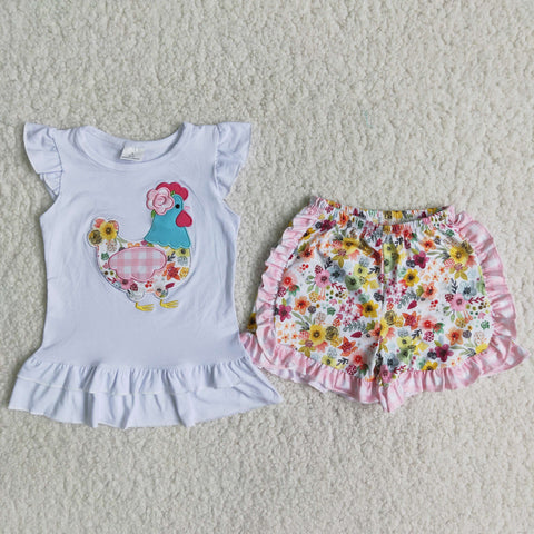 SALE A16-10 Summer Farm Embroidery Chicken Floral Girl's Shorts Set