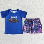 SALE D11-14 Blue shirt with fortnite letters shorts with cartoon figure