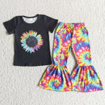 SALE A6-24 Boutique Colorful Sunflower Tie Dry Short Sleeves Set