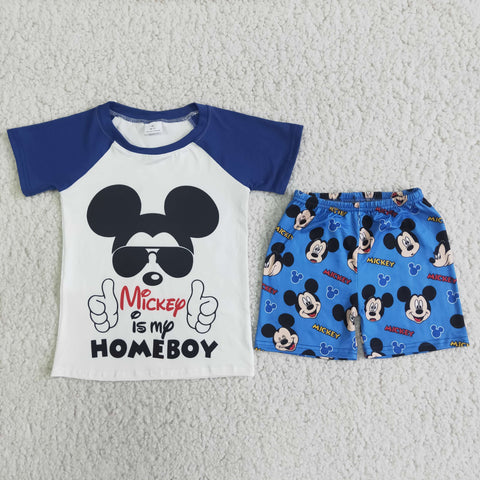 White shirt with Cartoon mouse is my homeboy letters blue shorts with mickey