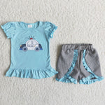 POLICE Embroidery Blue Girl's Shorts Set