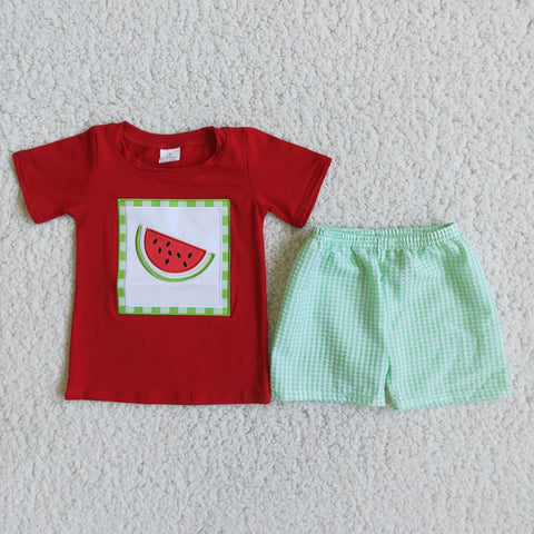 D5-11 Red shirt with watermelon green grid shorts