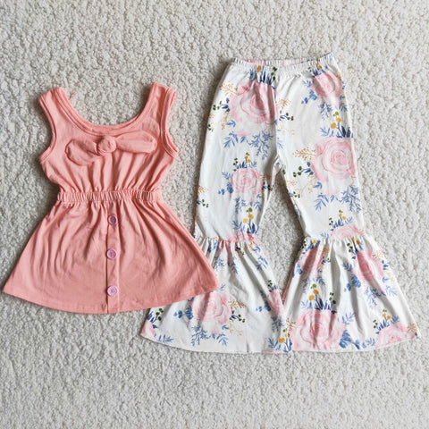 D8-15 Pink Flower Sleeveless Bow With Buttons Outfits