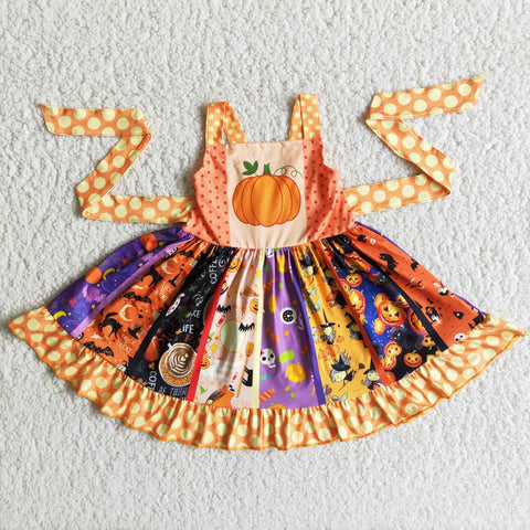 SALE B8-1 Halloween Orange Pumpkin Splicing Twirl Dress