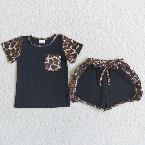SALE C4-12 Black Leopard Cheetah With Pocket Girl Shorts Set