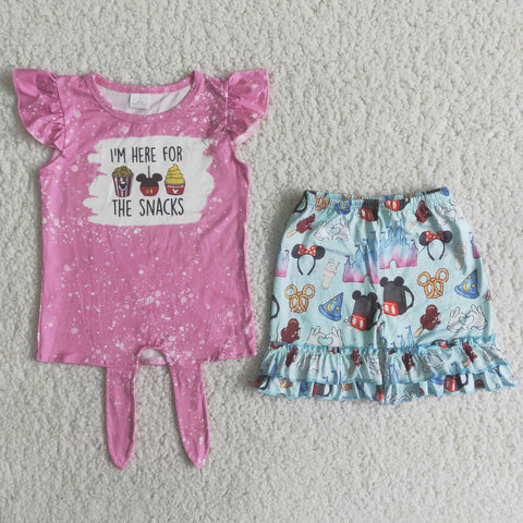 SALE C9-11 I'M HERE FOR THE SNACKS Cartoon mouse Pink Blue Shorts Set