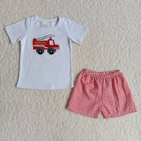White shirt with fire fighting truck red grid shorts