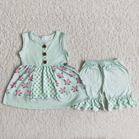 SALE A8-16 Green Sleeveless Flower Shorts Set