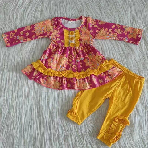 SALE 6 A27-13 Boutique Flower Tunic Pink Ruffles Yellow leggings Sets