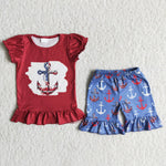Red wine Blue Anchor Girl Shorts Set