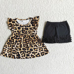 D6-12 Fashion Brown Leopard Black Girl Shorts Set