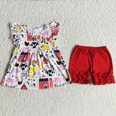 A12-16 Farm Chickens Red Girl Shorts Set