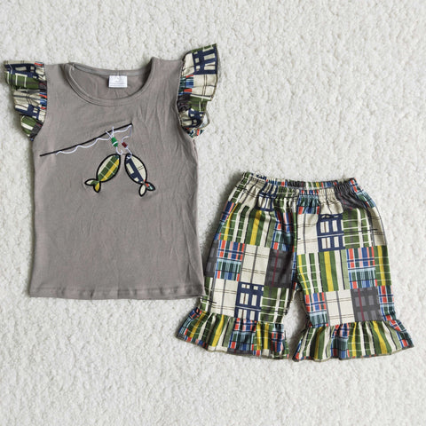 Summer Embroidery Fishing Grey Girl's Shorts Set