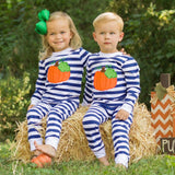 SALE 6 A25-26 Halloween Embroidered Pumpkin Blue Stripe Boy's Pajamas