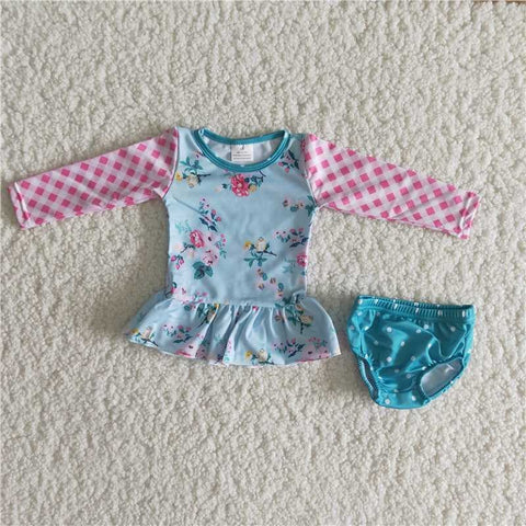 6 A28-11 Girl summer blue flower long sleeves two piece swimsuit