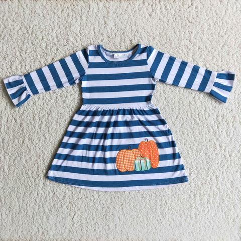 Halloween Fall Embroidery Pumpkin Stripe Dress