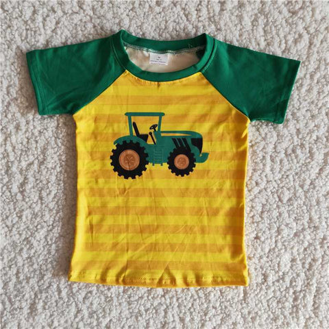 Tractor Yellow Stripe Farm Green Boy's Shirt