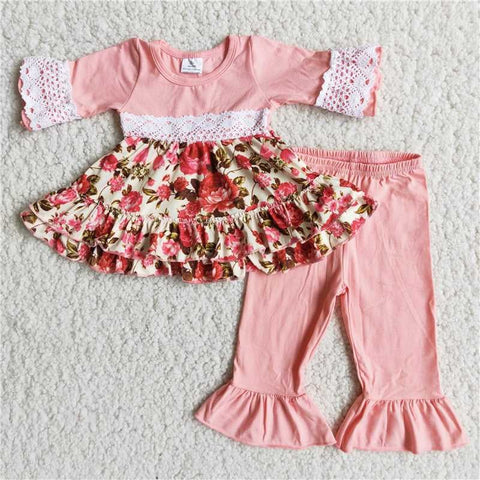 Girl's Flower Pink Ruffles With lace 3/4 sleeve Boutique Outfits