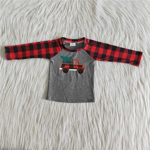 6 A33-2 Christmas Boy's Plaid Car Gray Long Sleeves Shirt