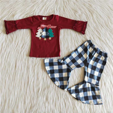 Embroidered Christmas Tree Girl's Red Wine Plaid Outfits