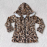 Girl's Leopard Zipper Hoodie Ruffles Coat