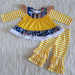 SALE 6 A20-11 Boutique Ruffles Yellow Flower Stripe With Lace Outfits