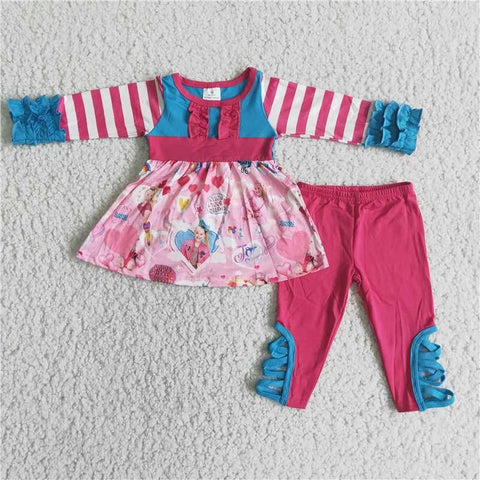 Girl's Pink Stripe Tunic Blue Leggings Set