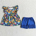 SALE B13-13 Summer Sunflower Blue Shorts Set