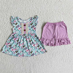 Summer Purple Flower Shorts Girl's Set