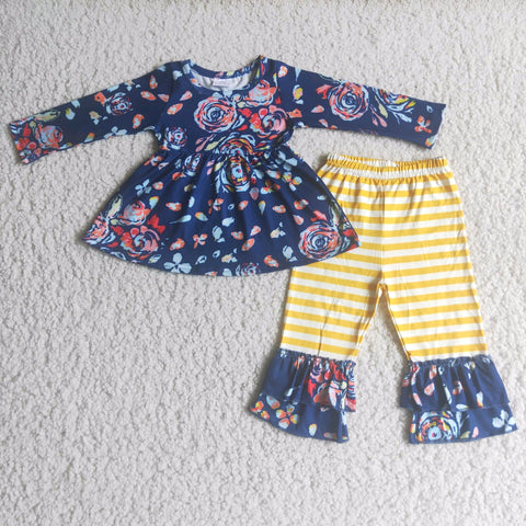 Boutique Blue Flower Yellow Stripe Outfits