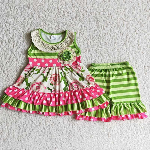 Summer Flower Green With Lace Shorts Set