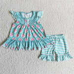 Summer Flower Blue Stripe Shorts Set
