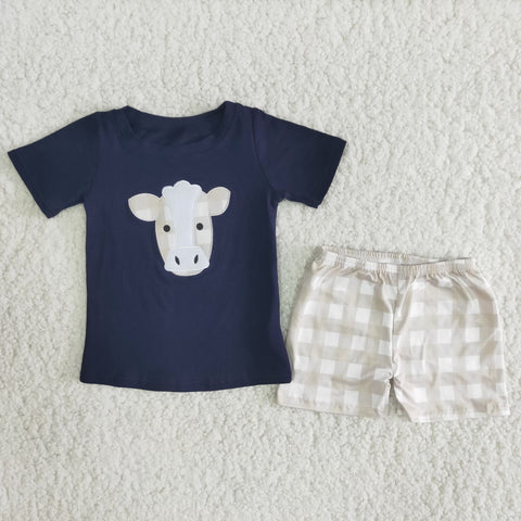 A14-11 Boy blue shirt embroidery cow and pants with grey shorts set