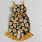 B14-22 Summer Yellow Sunflower Ruffles Jumpsuit