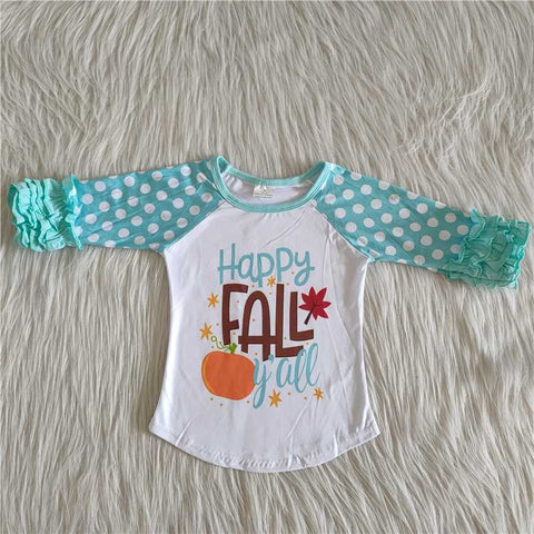 6 A13-11 Happy Fall Yall Blue Dots Ruffles Girl's Shirt