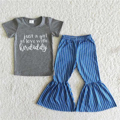 SALE B8-3 Just a girl in love with her daddy grey blue stripe Girl Set