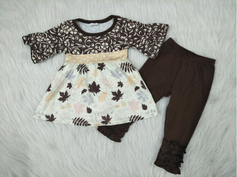 Boutique 3/4 Sleeve brown maple leaf ruffles Girl's Outfits