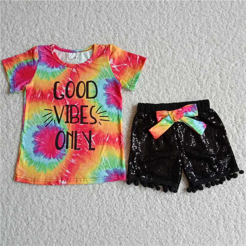 Boutique GOOD VIBES ONLY Sequins Tie Dry Short Sleeves Set
