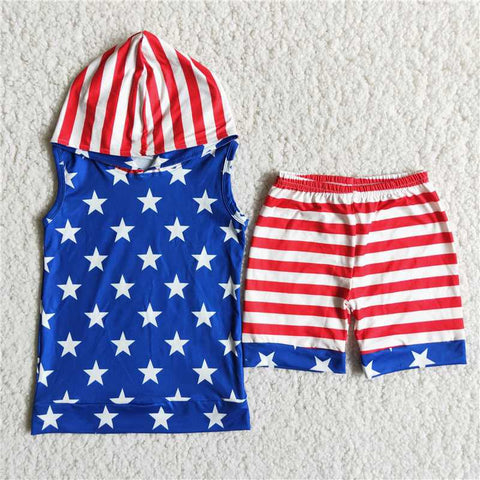 D13-30 Hoodie blue red stripe star sleeveless shorts Boy's Set